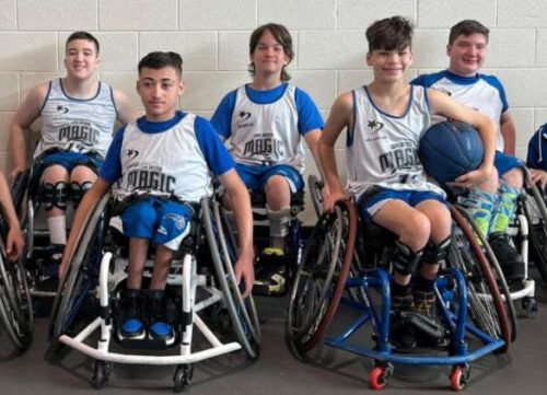 a group of children in wheelchairs with a basketball